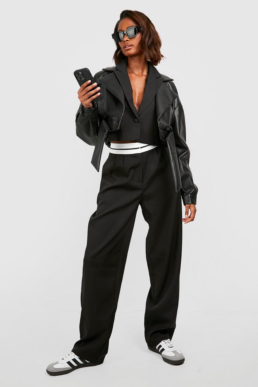 Black Contrast Waistband Relaxed Fit Tailored Pants