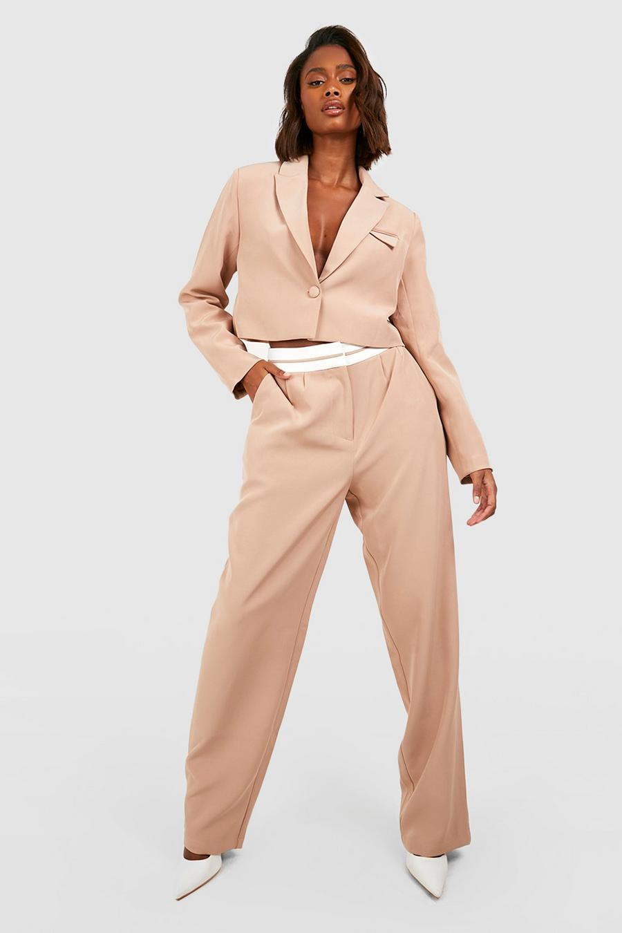 Camel Contrast Waistband Relaxed Fit Tailored Trousers 