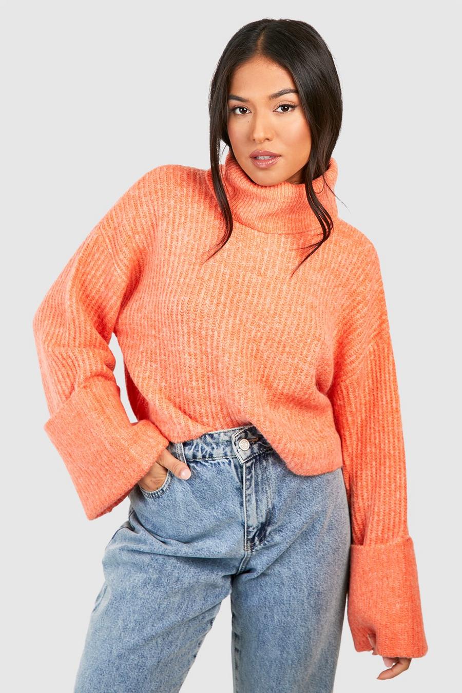 Orange Petite Turtleneck Deep Cuff Sweater