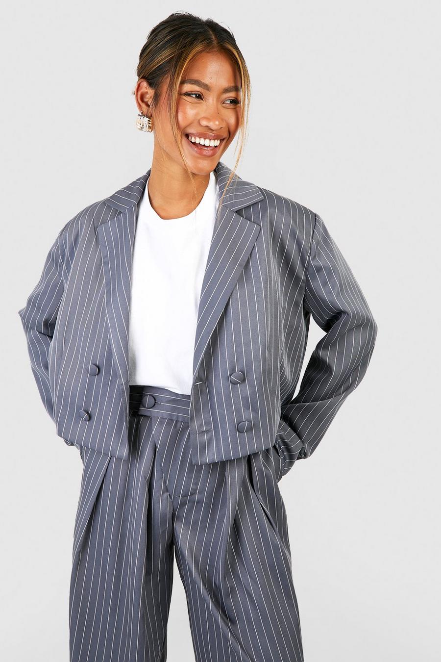 Charcoal Pinstripe Oversized Cropped Tailored Blazer image number 1
