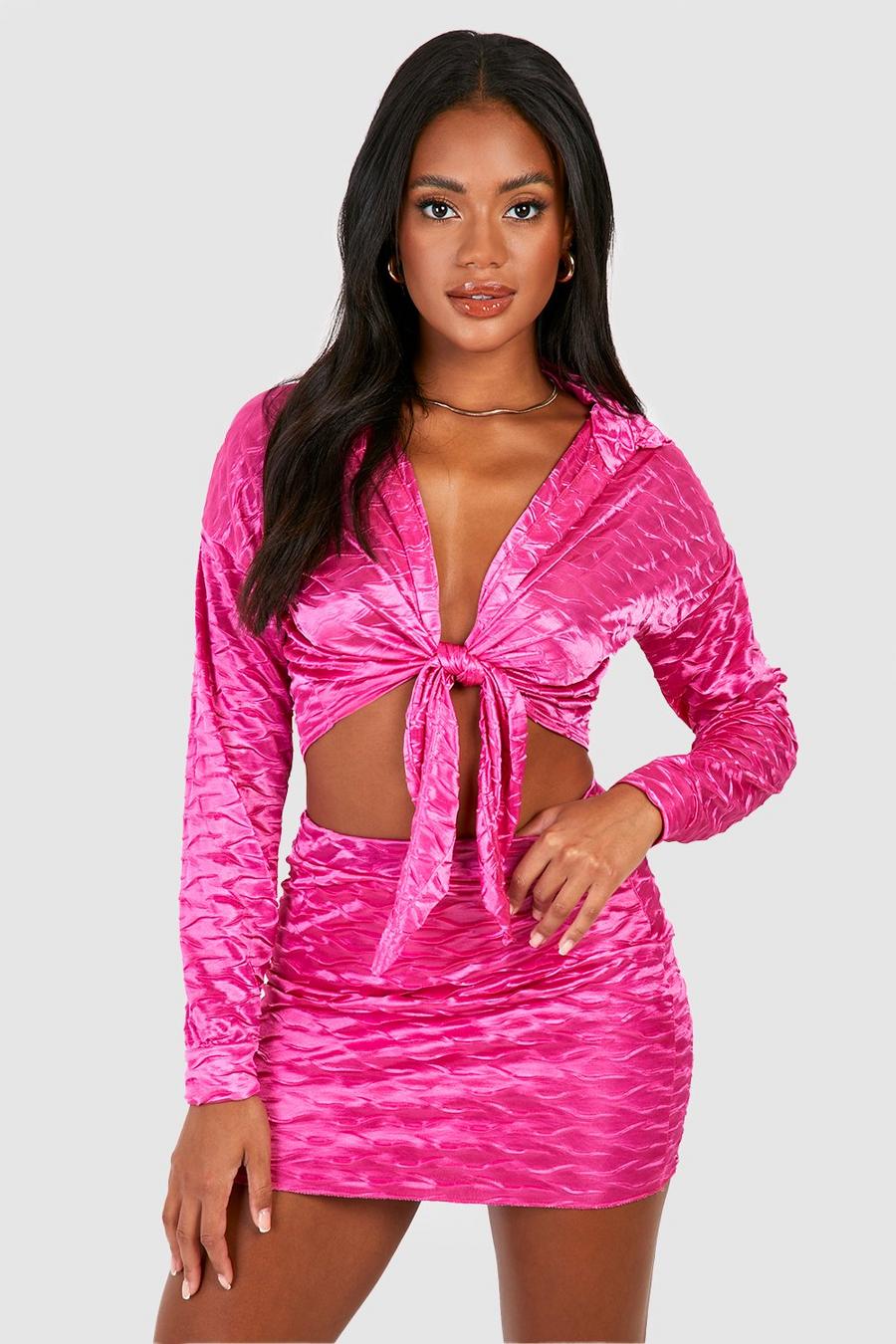 Hot pink Plisse Tie Shirt & Mini Skirt Set