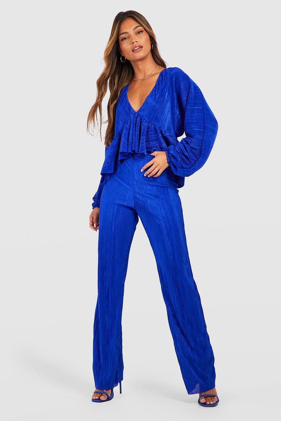 Cobalt Plisse Plunge Volume Blouse & Straight Leg Trouser Set