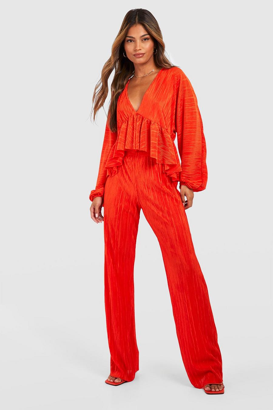 Plissee Volumen-Bluse mit tiefem Ausschnitt & Hose mit geradem Bein, Red orange