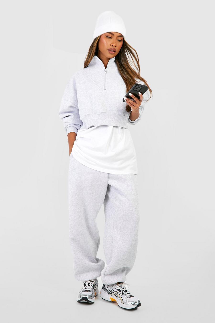 Ash grey Cropped Half Zip Sweatshirt And Cuffed Jogger Tracksuit 