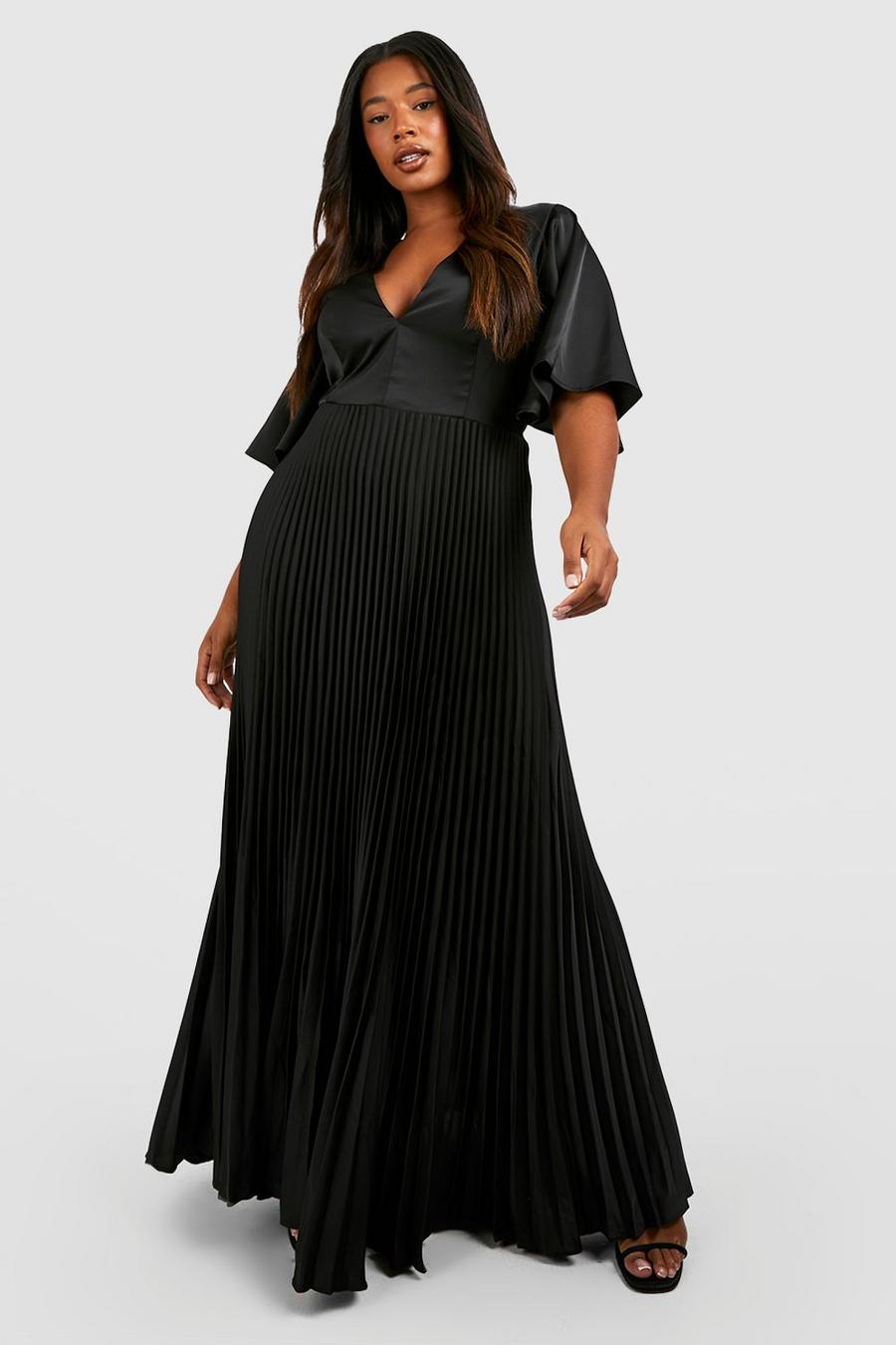 Black Plus Satin Pleated Plunge Occasion Maxi Dress 