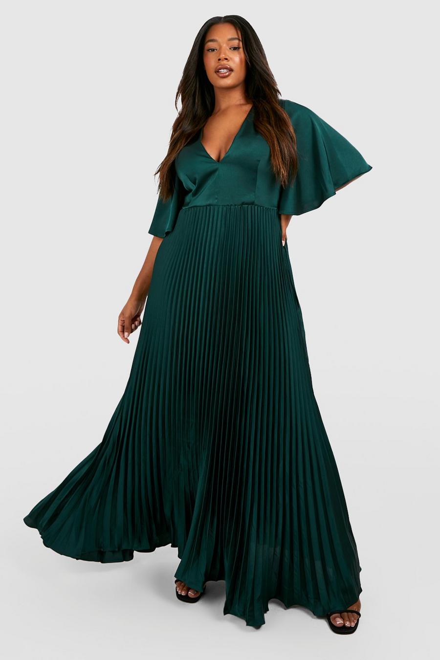 Emerald Plus Satin Pleated Plunge Occasion Maxi Dress 