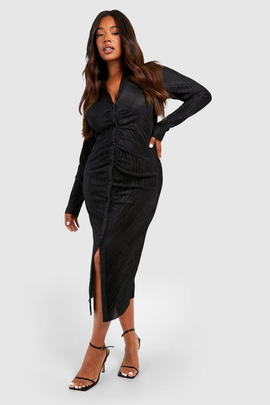 Black Plus Plisserad skjortklänning med rynkade detaljer