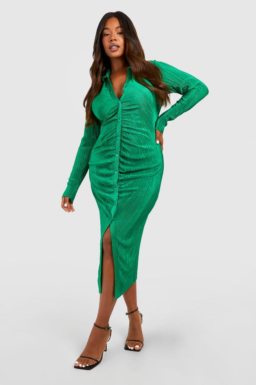 Green Plus Plisse Midi Ruched Shirt Dress