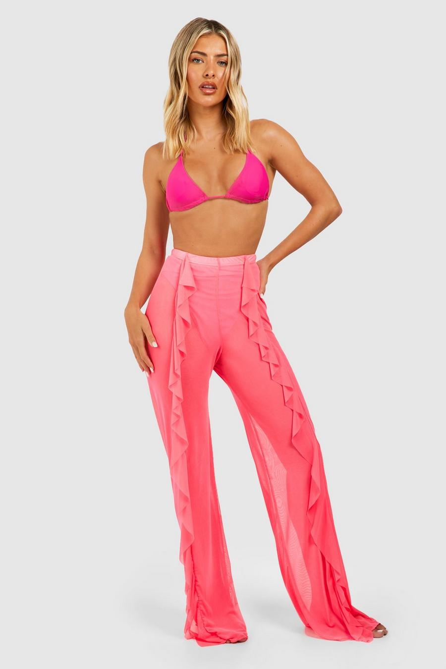 Pink Mesh Strand Broek Met Franjes