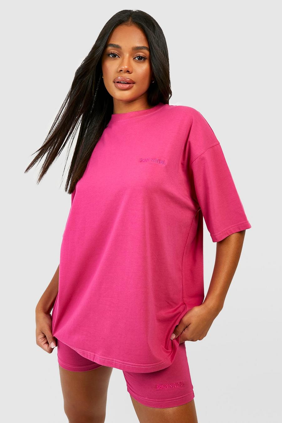 Hot pink Dsgn Studio Oversize t-shirt och cykelbyxor image number 1