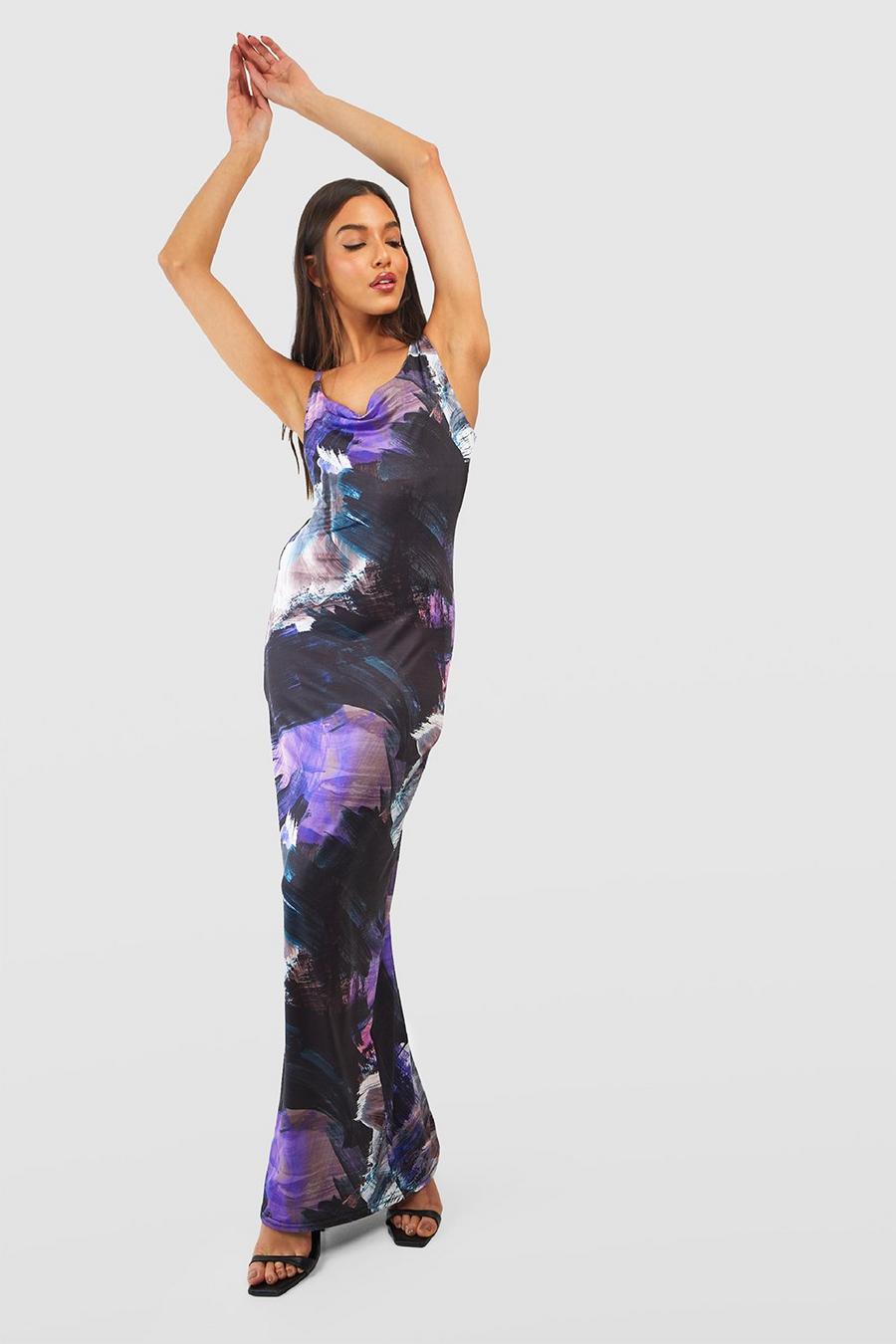 Teal Abstract Marble Print Maxi Slip Dress