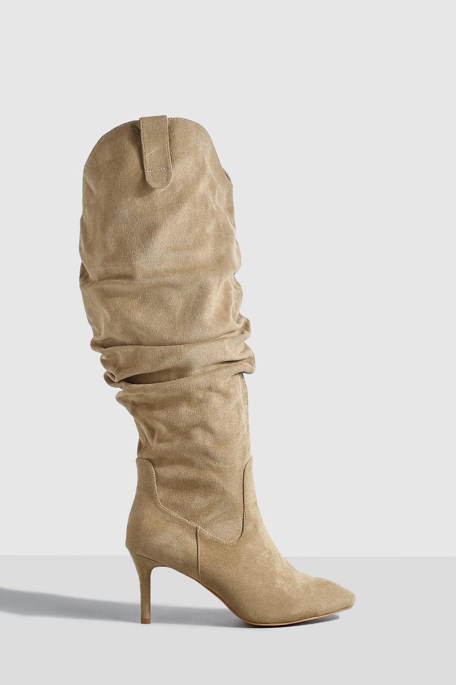 Taupe Wide Fit Low Heel Slouchy Knee High Boots