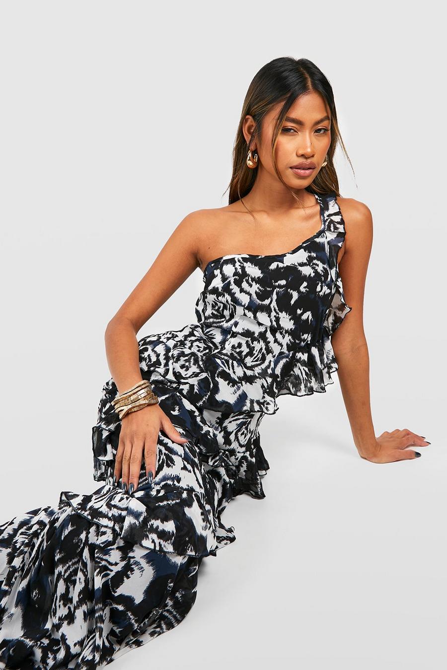 Black Chiffon Printed One Shoulder Maxi Dress image number 1