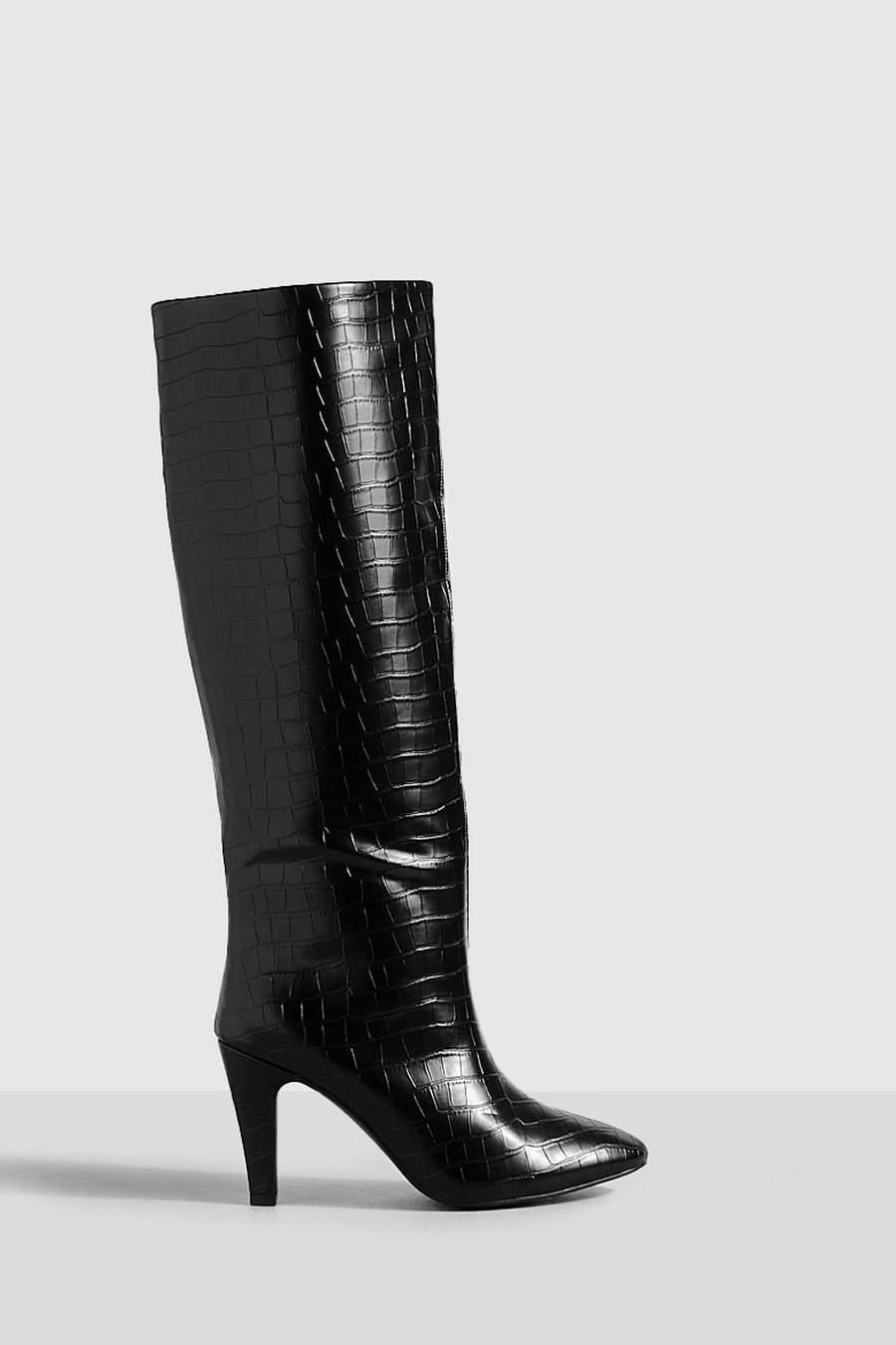 Black croc Low Heel Pointed Knee High Boots