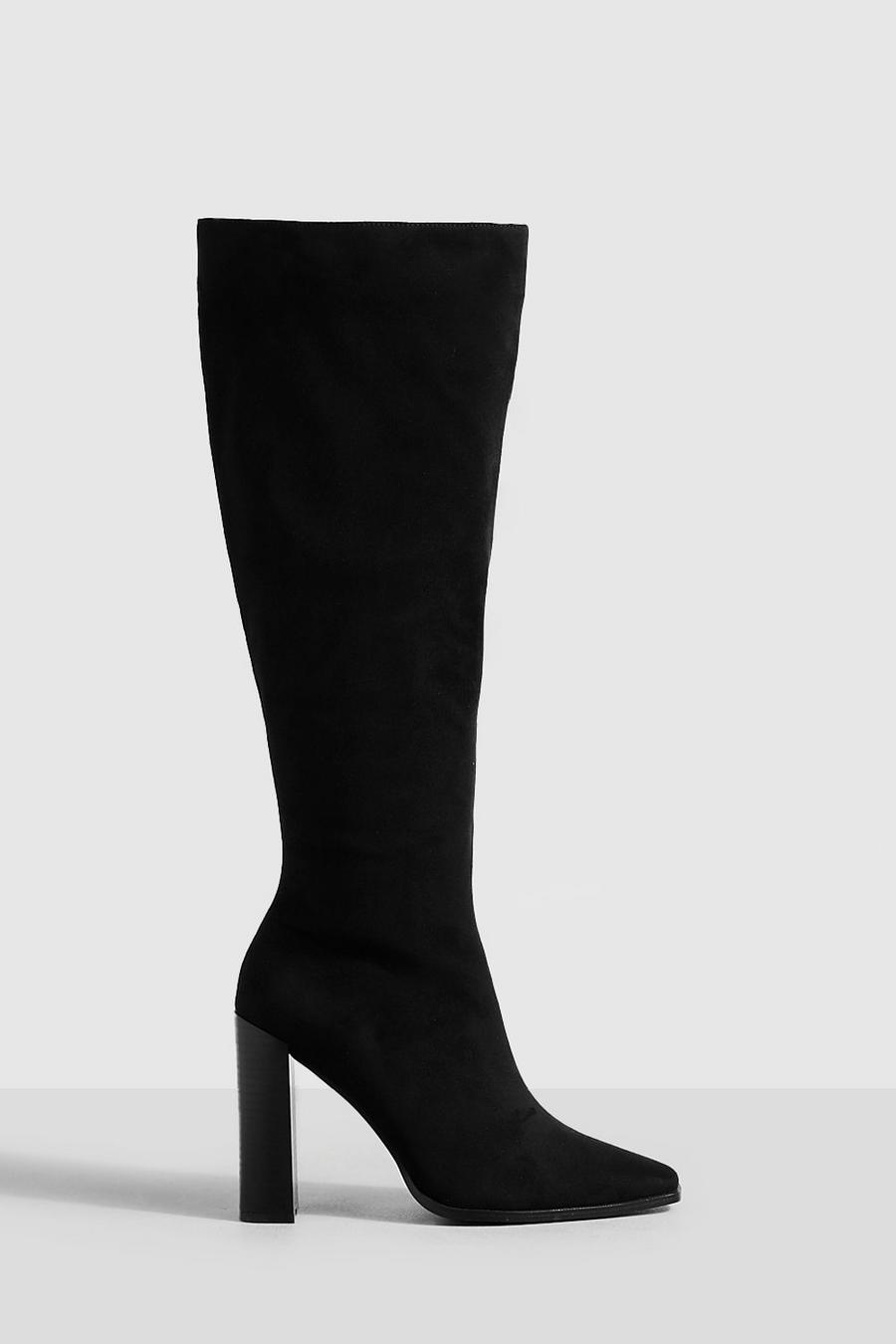 Black Stack Heel Square Toe Knee High Boots
