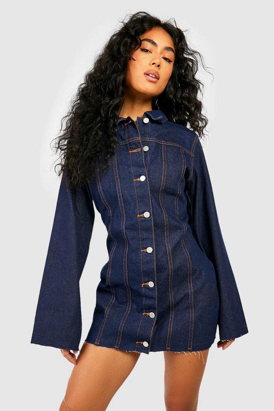 Denim Hemd-Kleid mit rohem Saum, Indigo