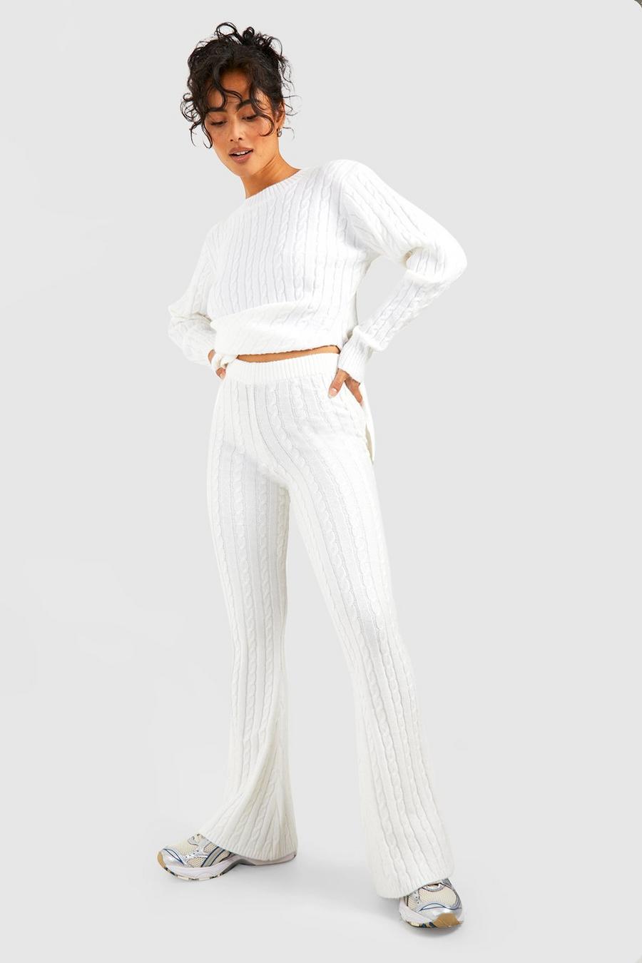 Ivory Soft Cable Knit Flare Pants
