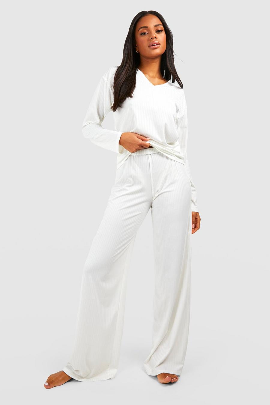 Cream Rib V Neck And Wide Leg Pants Set