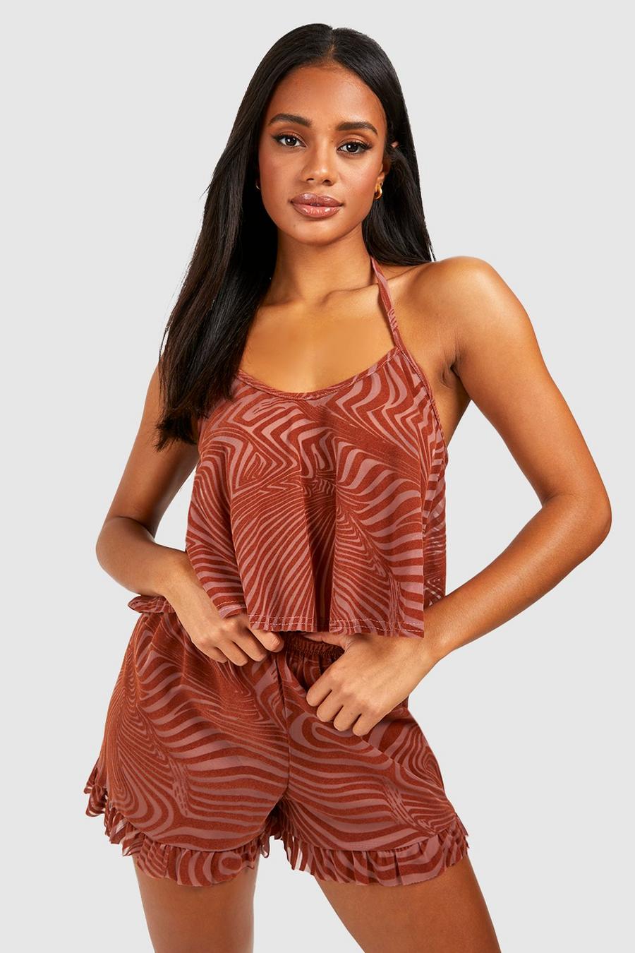 Rust Mesh Abstract Print Short And Cami Set image number 1