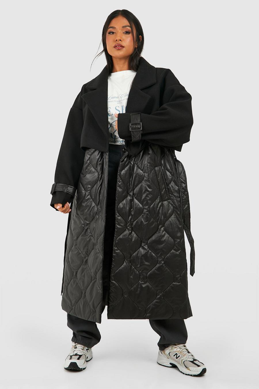 Black Petite Gewatteerde Wollen Trenchcoat Met Stiksels image number 1