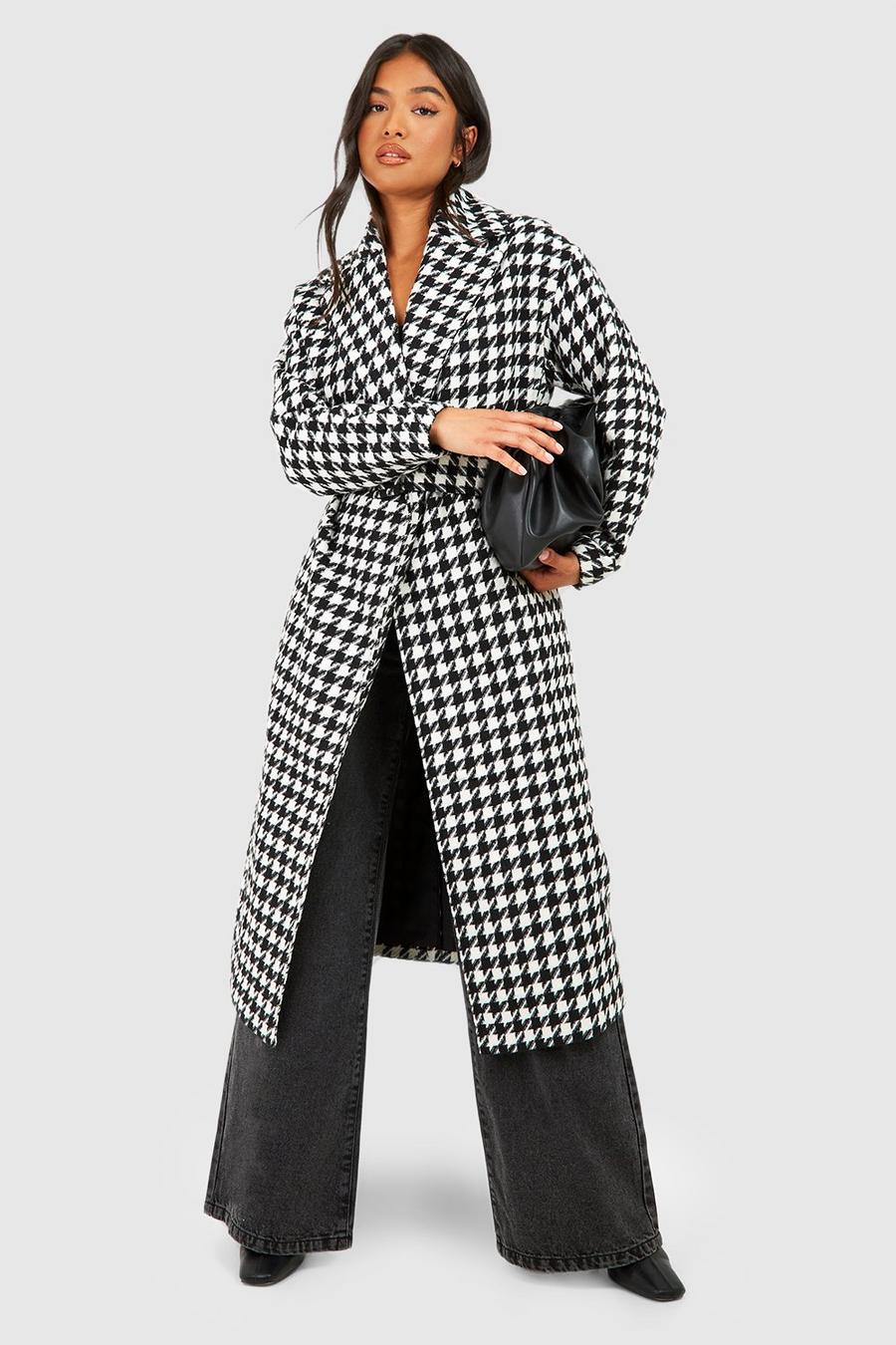 Black Petite Nepwollen Dogtooth Trenchcoat Met Ceintuur