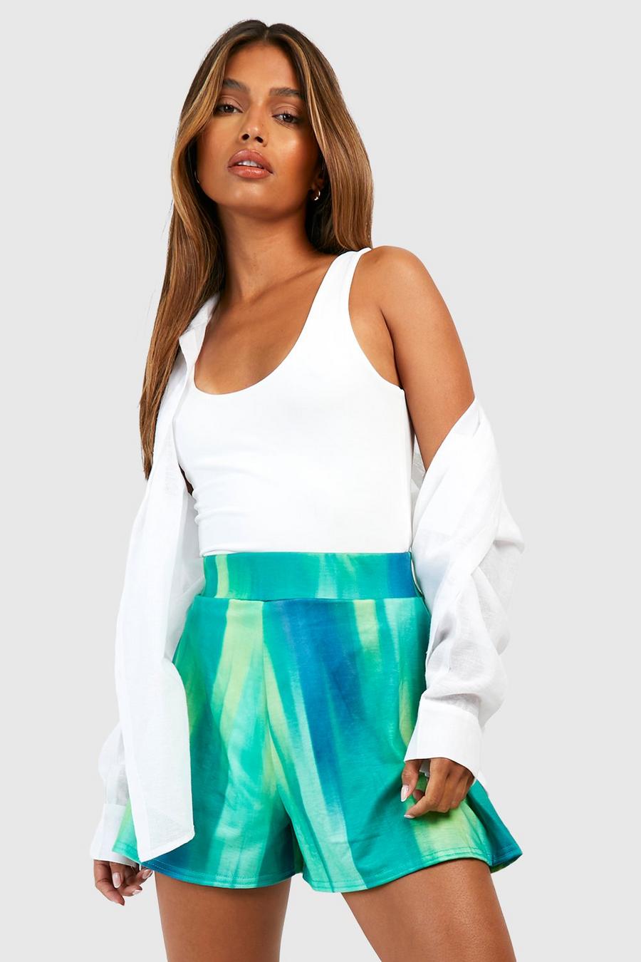 Green Abstract Jersey Knit Flowy Shorts image number 1