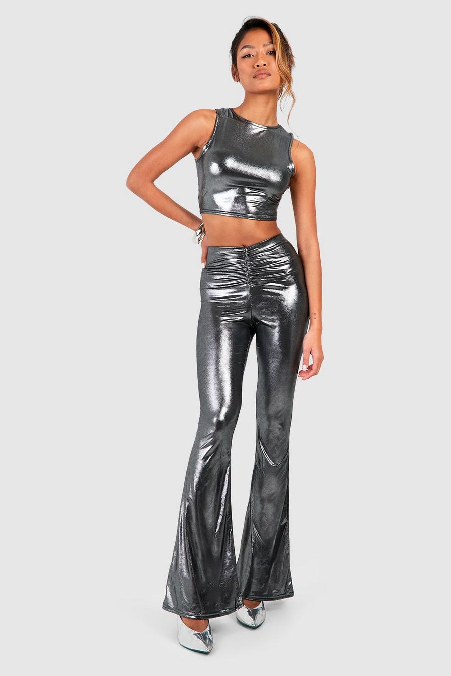 Silver Metallic Dip Waist Ruched Flared Trouser image number 1