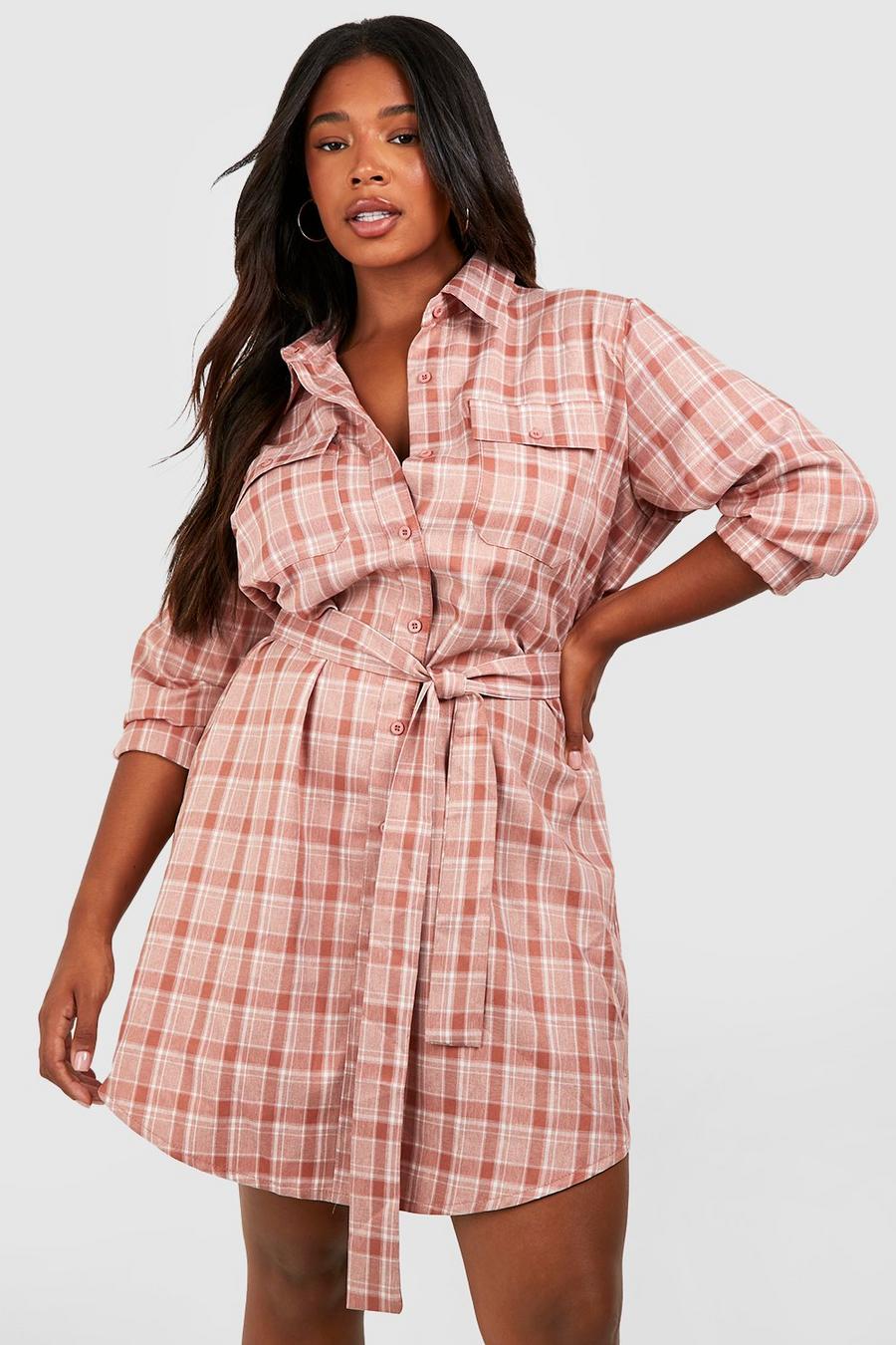 Pink Plus Flannel Belted Shirt Dress