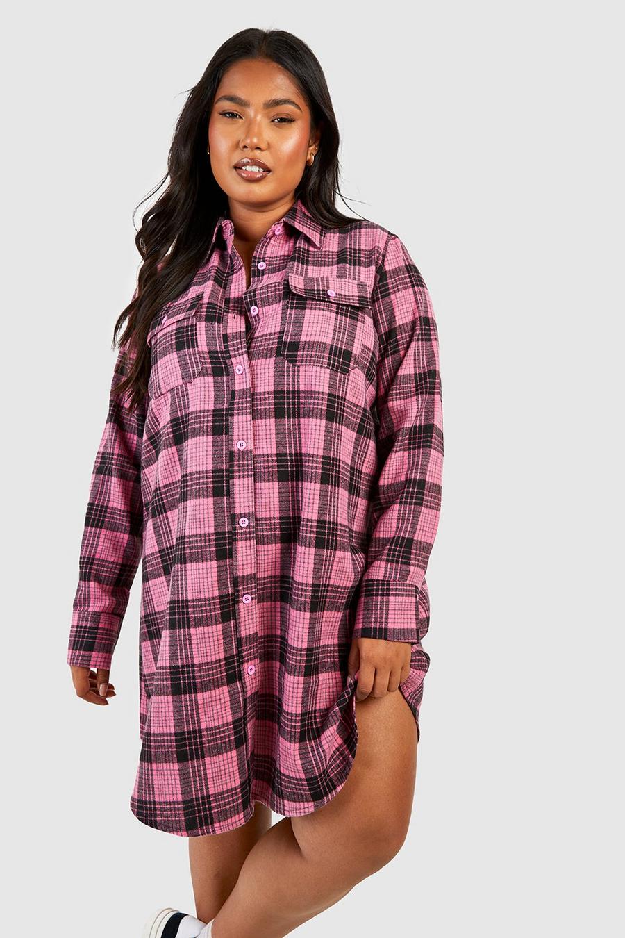 Vestido camisero Plus de manga larga con estampado de cuadros cardados, Pink