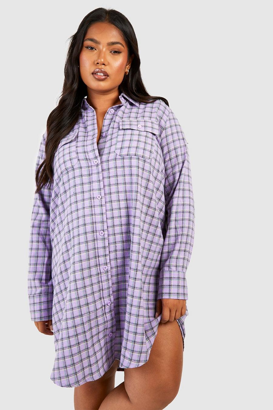 Vestido camisero Plus de manga larga con estampado de cuadros, Purple