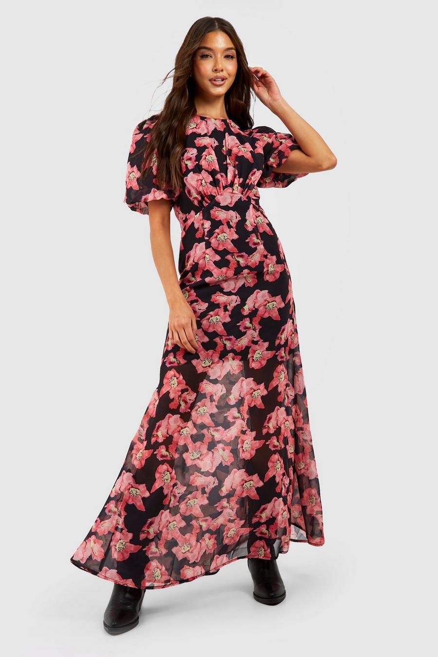 Black Puff Sleeve Floral Tiered Maxi Smock Dress image number 1