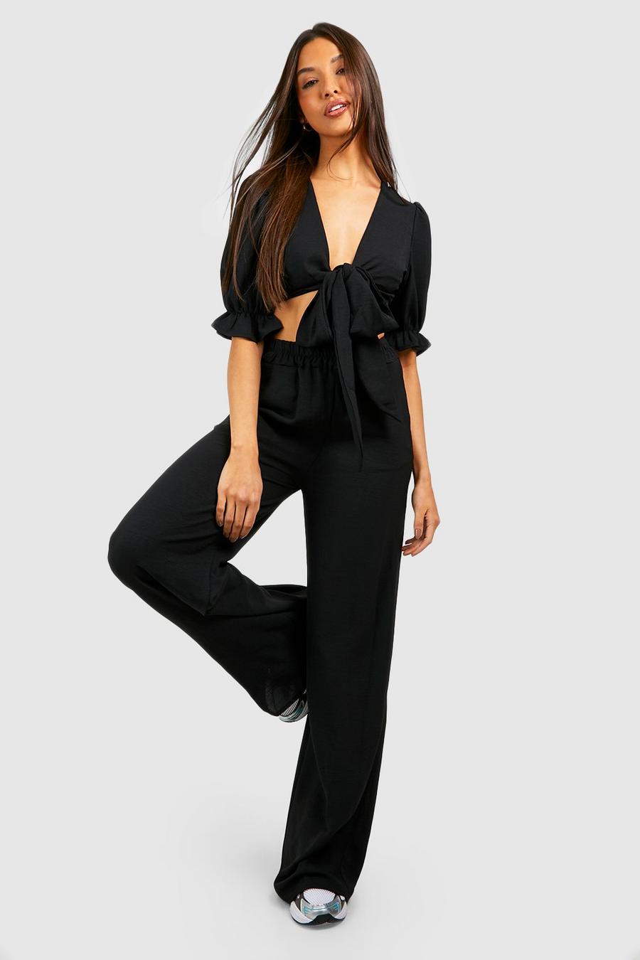 Hammered Knot Front Puff Sleeve Crop & Wide Leg Trousers