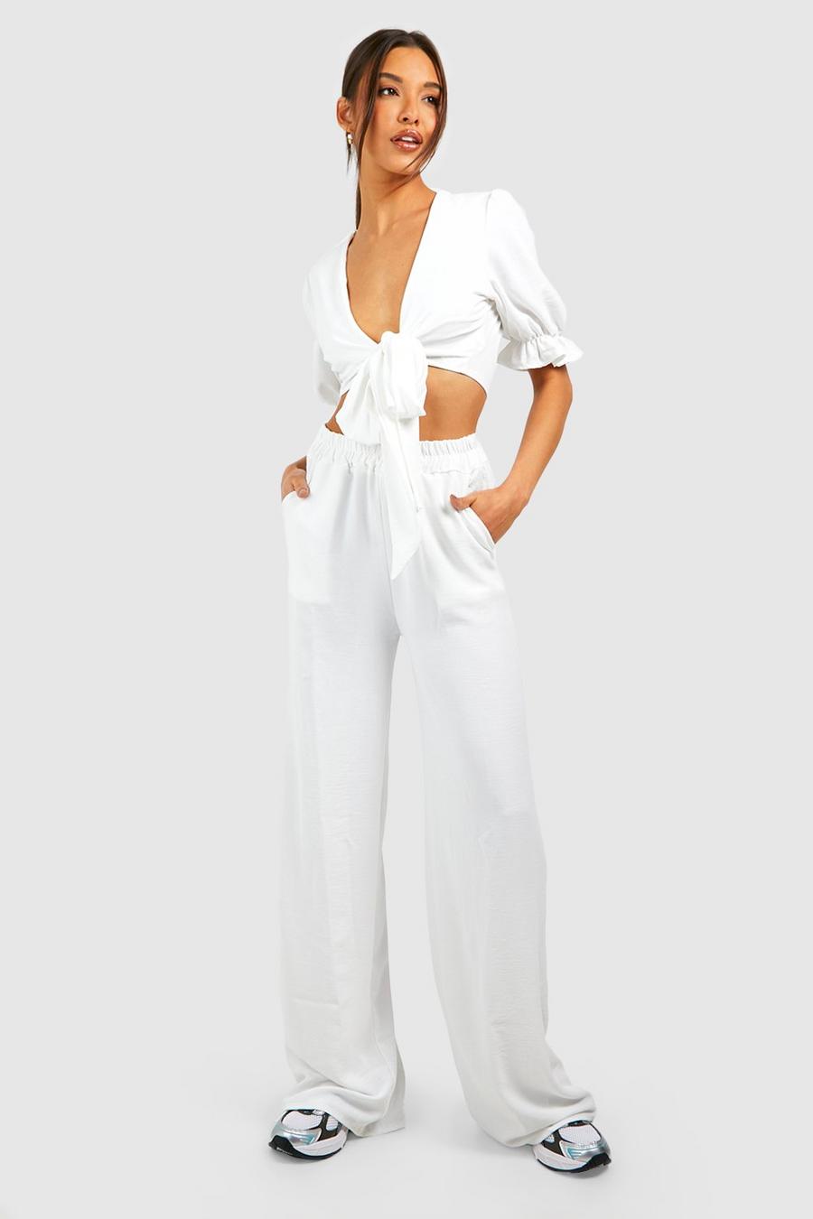 Ivory Hammered Knot Front Puff Sleeve Crop & Wide Leg Trousers