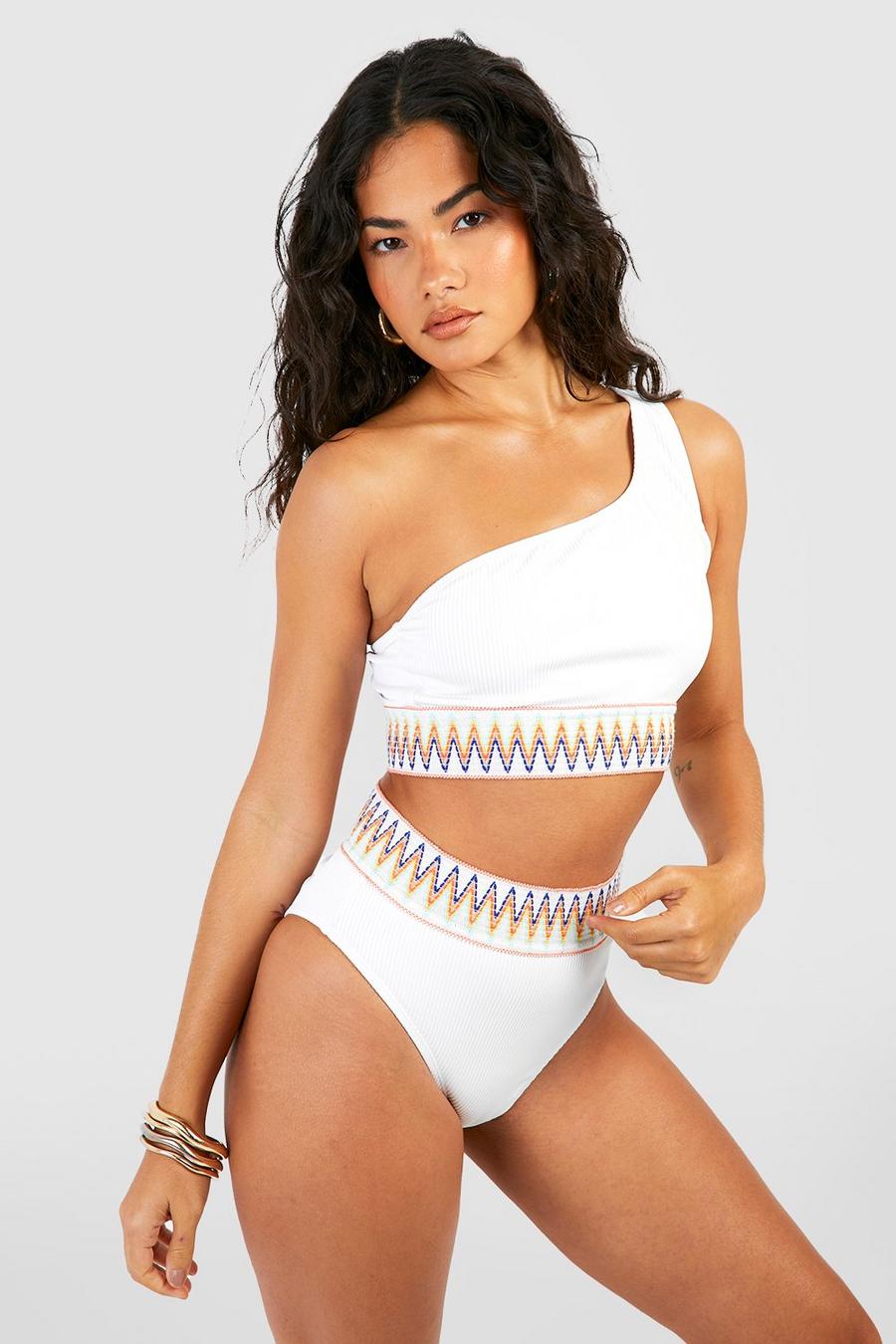 Bikinihose mit hohem Bund und Azteken-Print, White