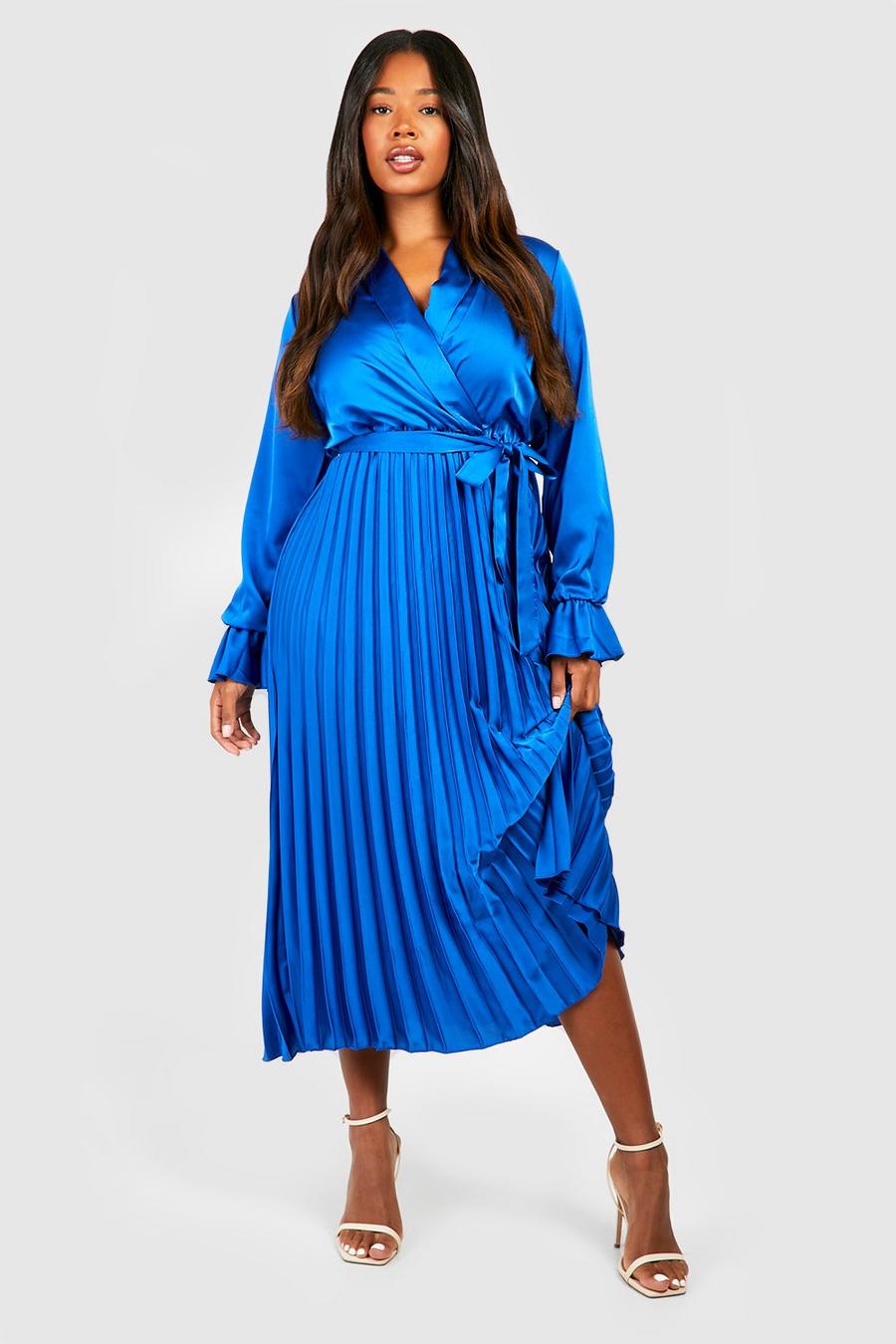 Vestito longuette Plus Size in raso con pieghe, Blue