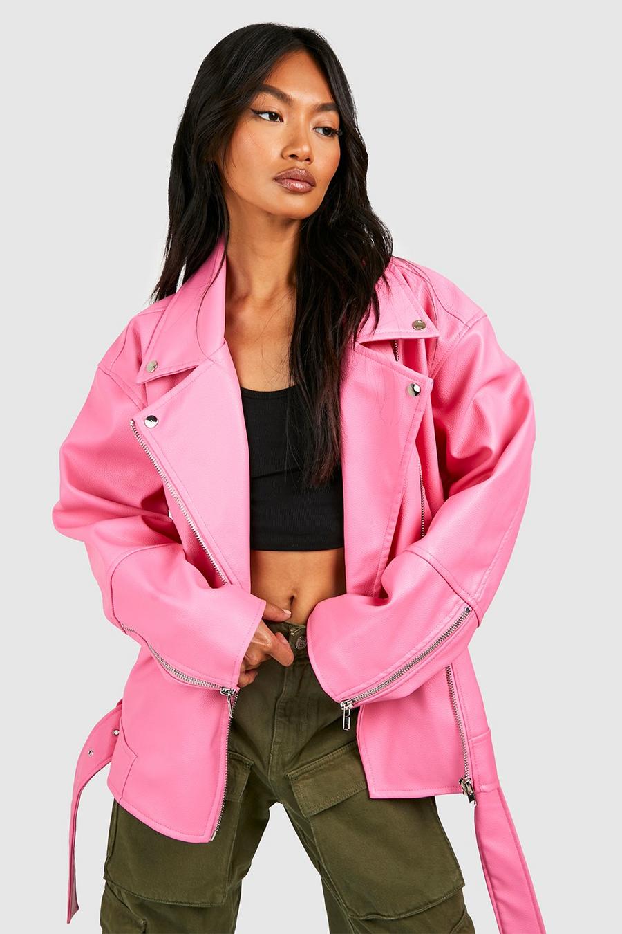 Pink Super Oversized Belted Biker Jacket image number 1