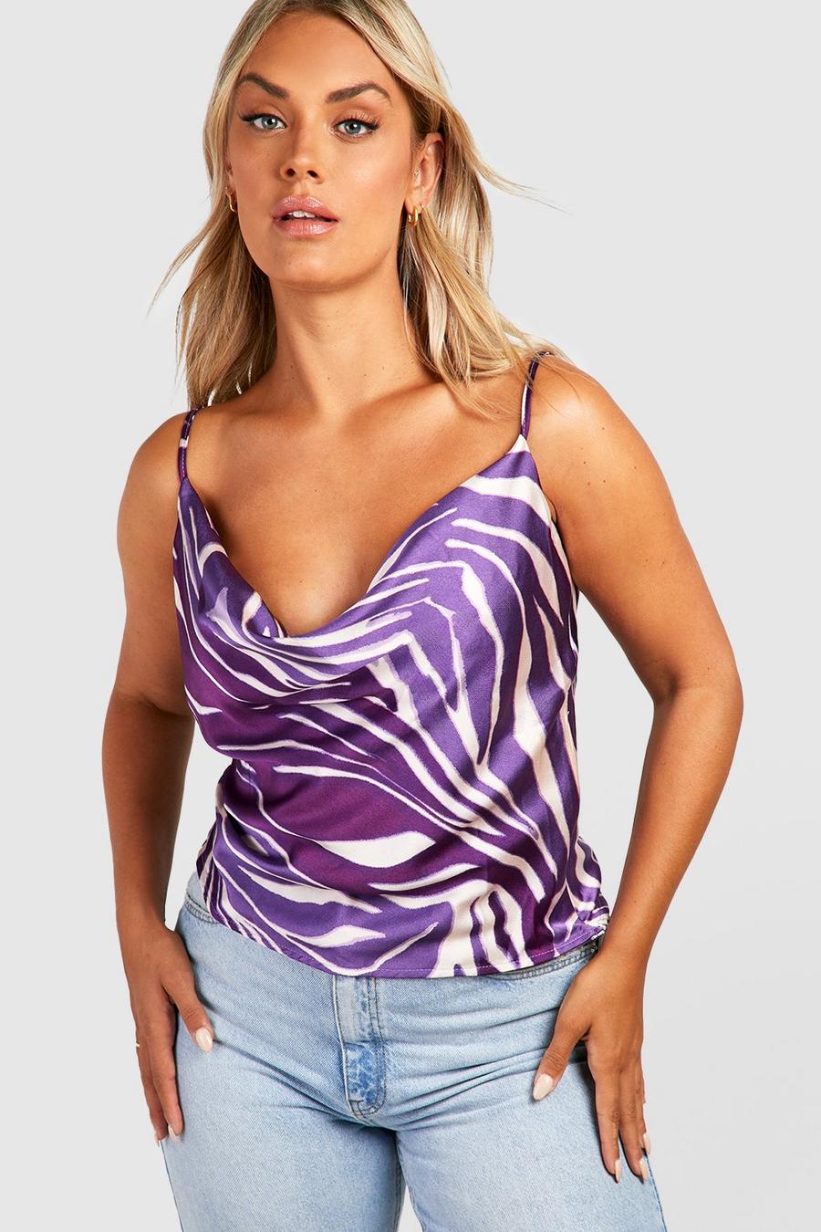 Purple Plus Satin Zebra Print Cowl Neck Camisole
