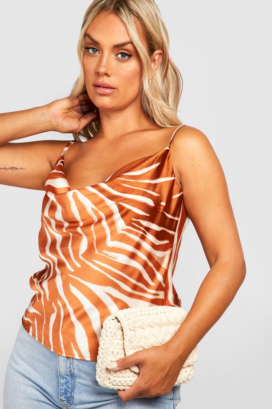 Rust Plus Satin Zebra Print Cowl Neck Camisole