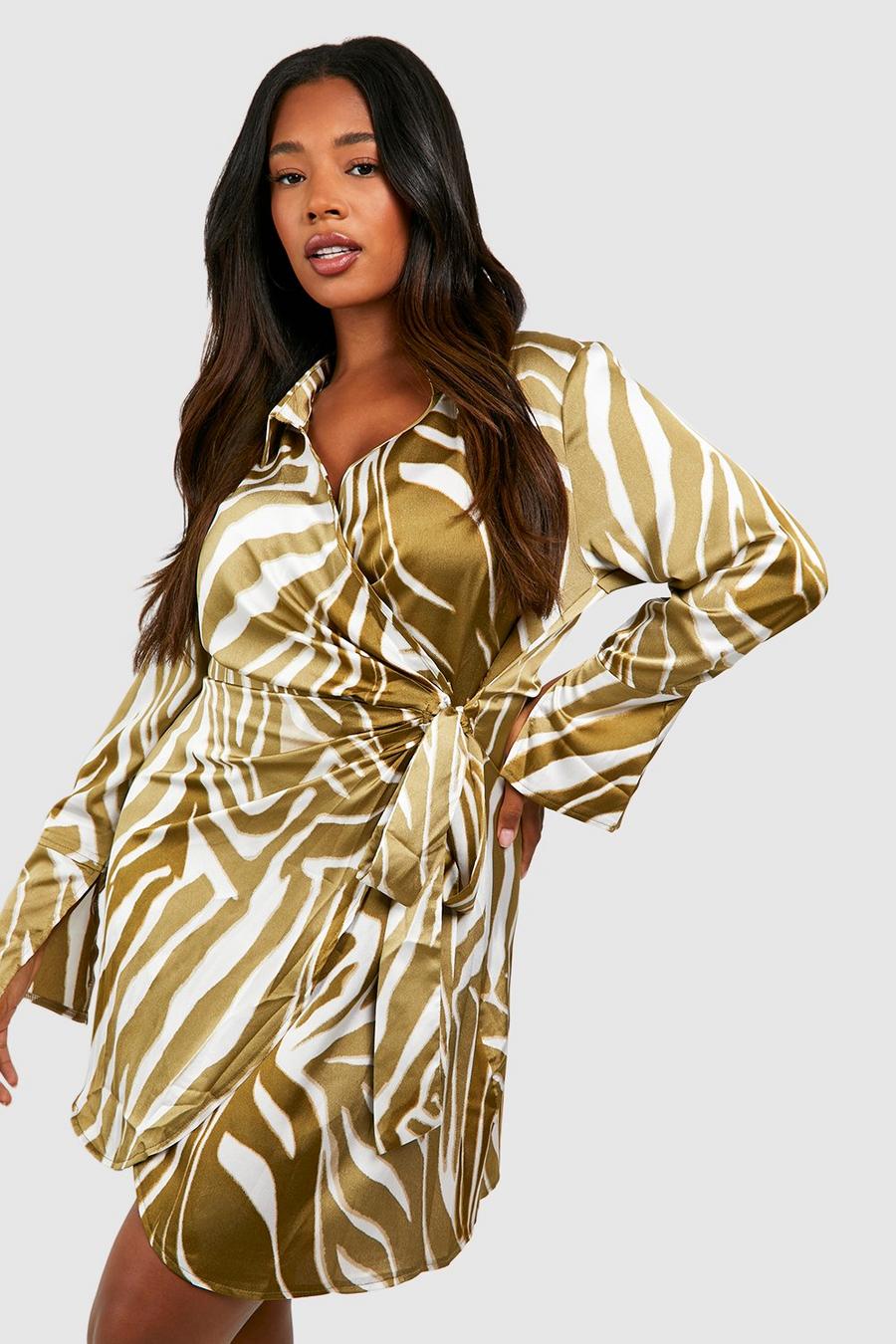 Khaki Plus Zebra Print Wrap Shirt Dress image number 1