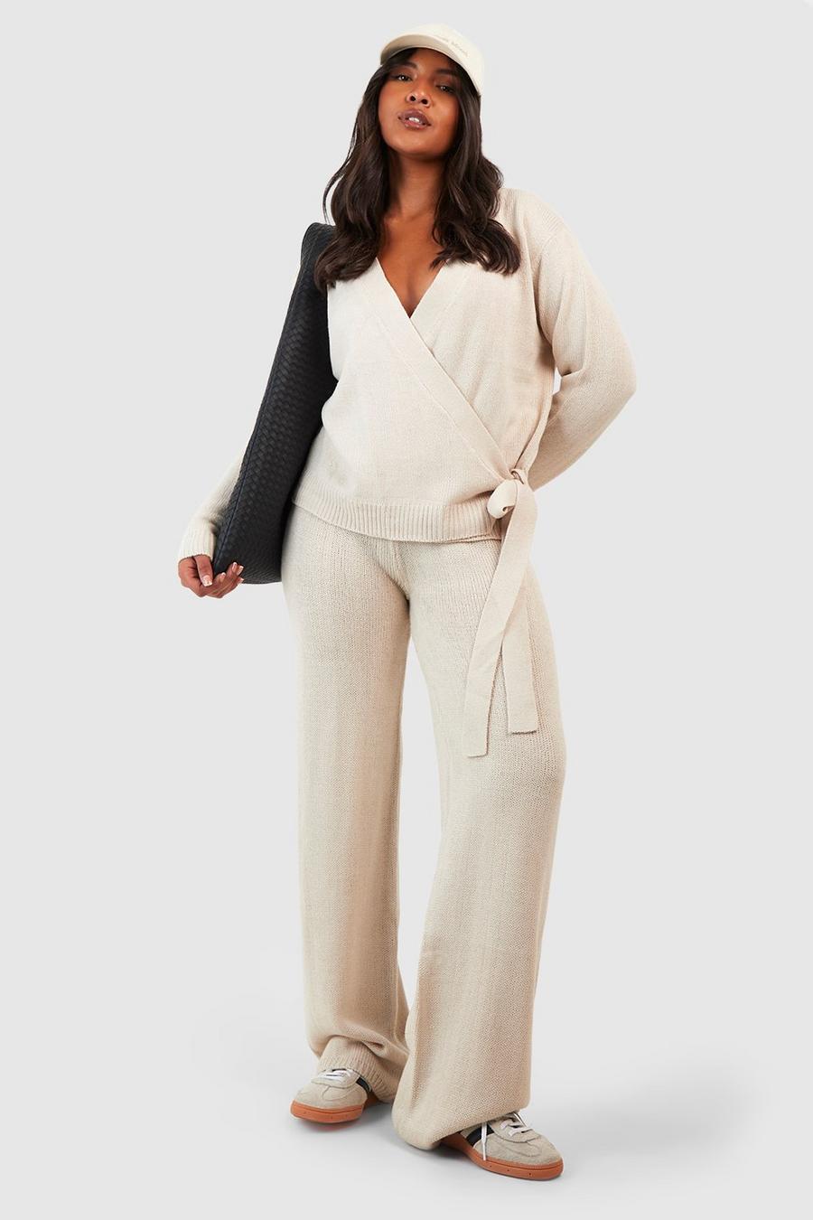 Maglione Plus Size a incrocio con laccetti laterali & pantaloni coordinati, Stone