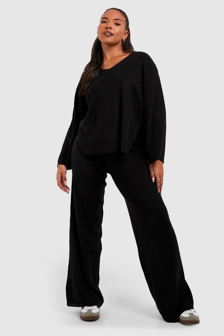 Black Plus Knitted V Neck Side Split Pants Set