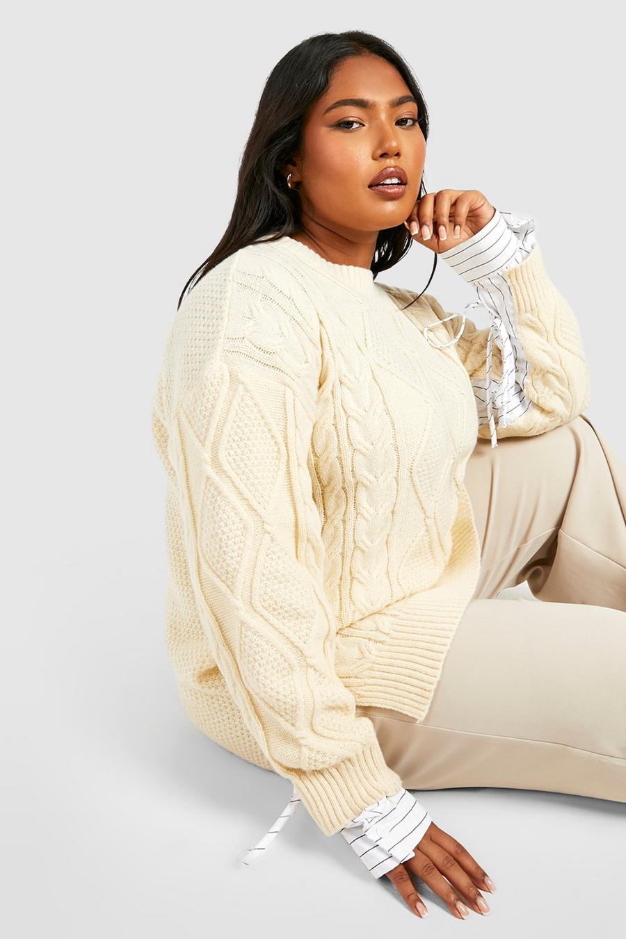Ivory Plus Cable Knit Ruched Shirt Detail Sweater
