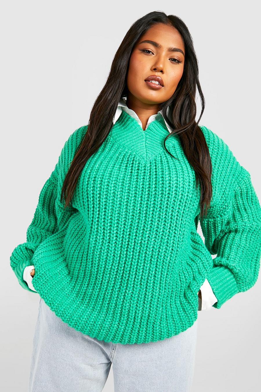 Maglione Plus Size a camicia con colletto, maniche a palloncino e scollo a V, Green