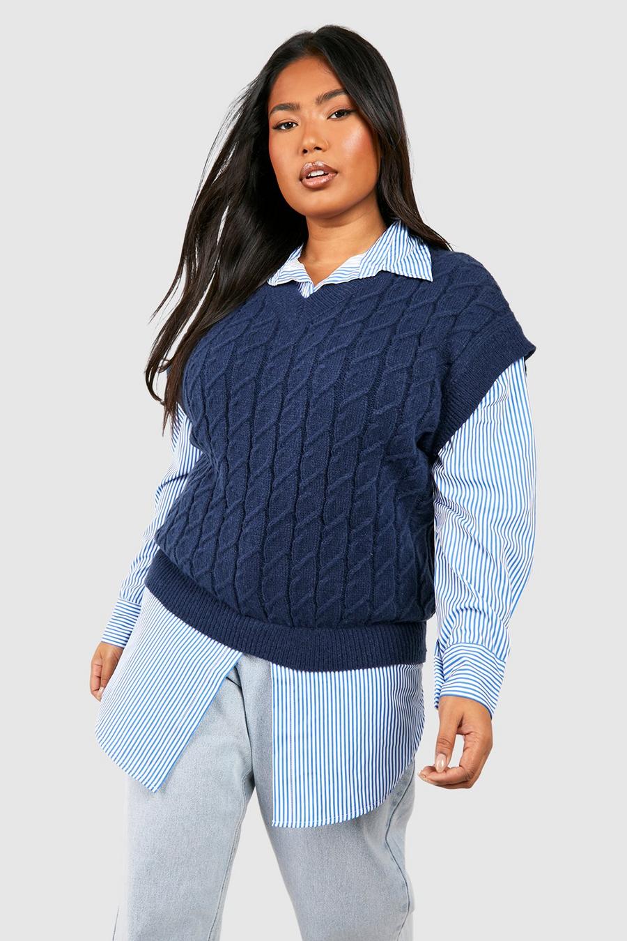 Maglione a camicia Plus Size in maglia a righe, Navy