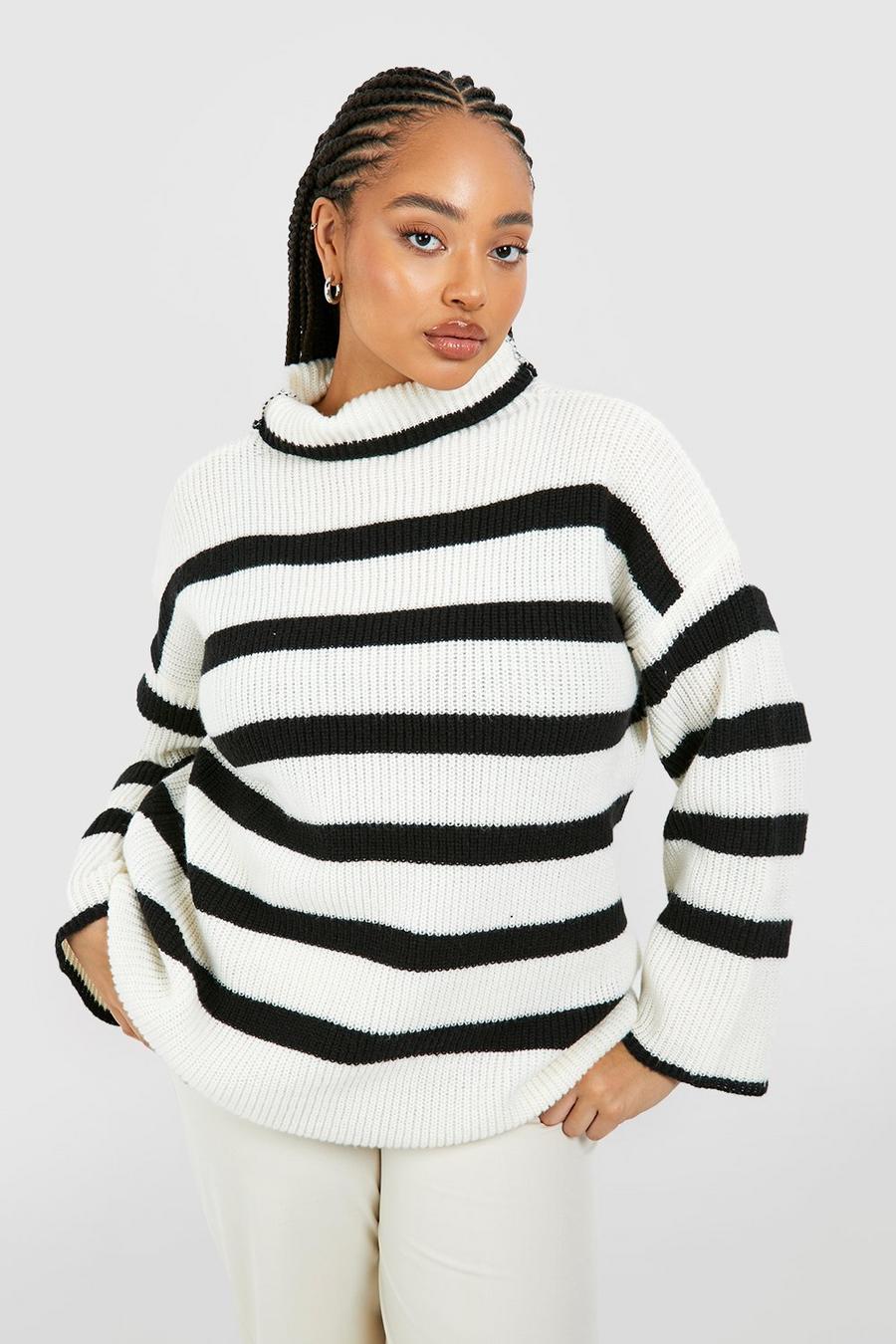 White Plus High Neck Stripe Sweater