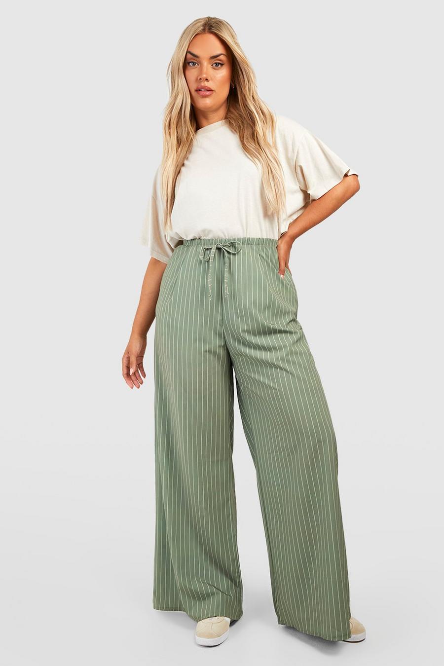 Green Plus Woven Stripe Lightweight Palazzo Trousers