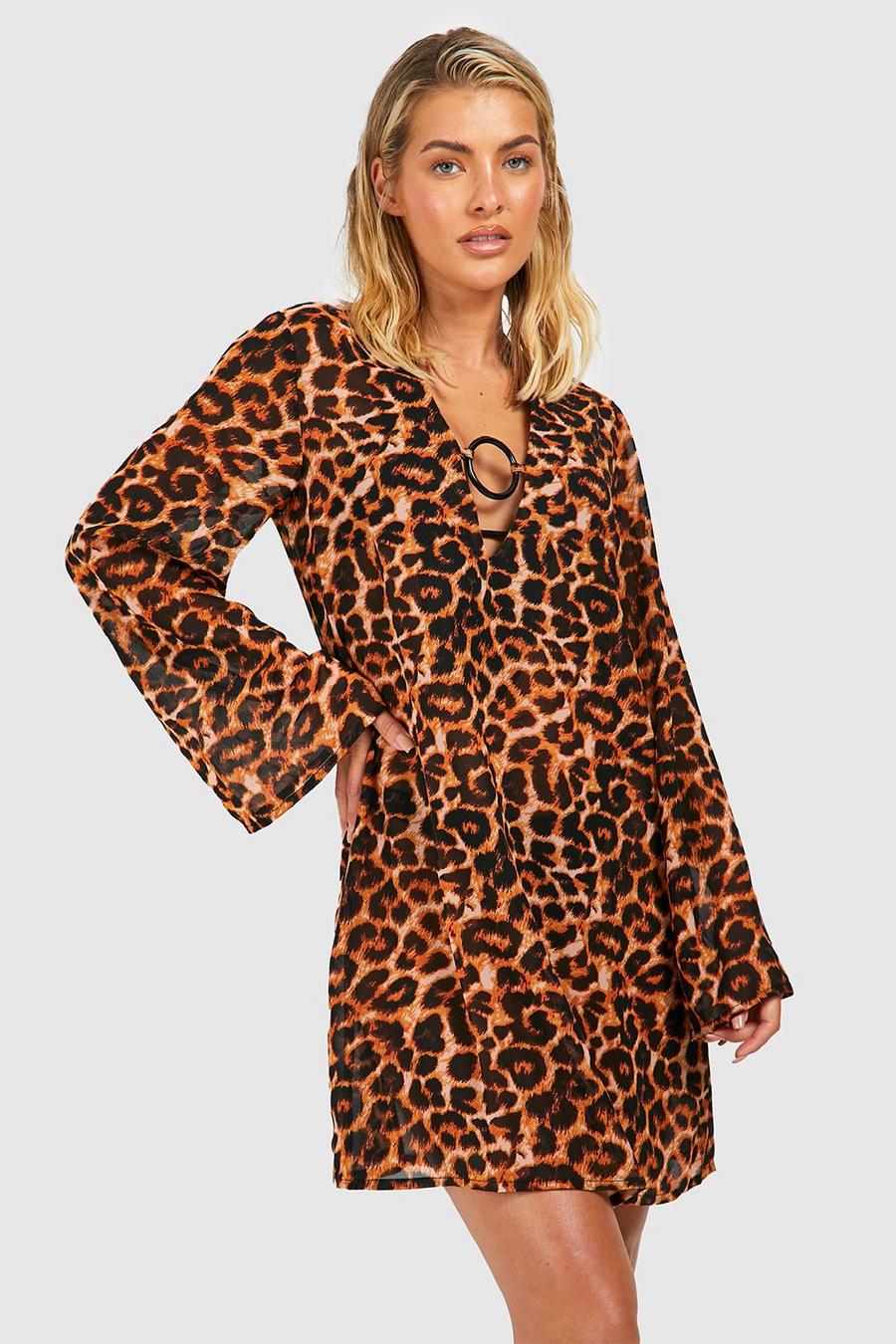 Brown Leopard O-ring Beach Cover-up Kaftan image number 1