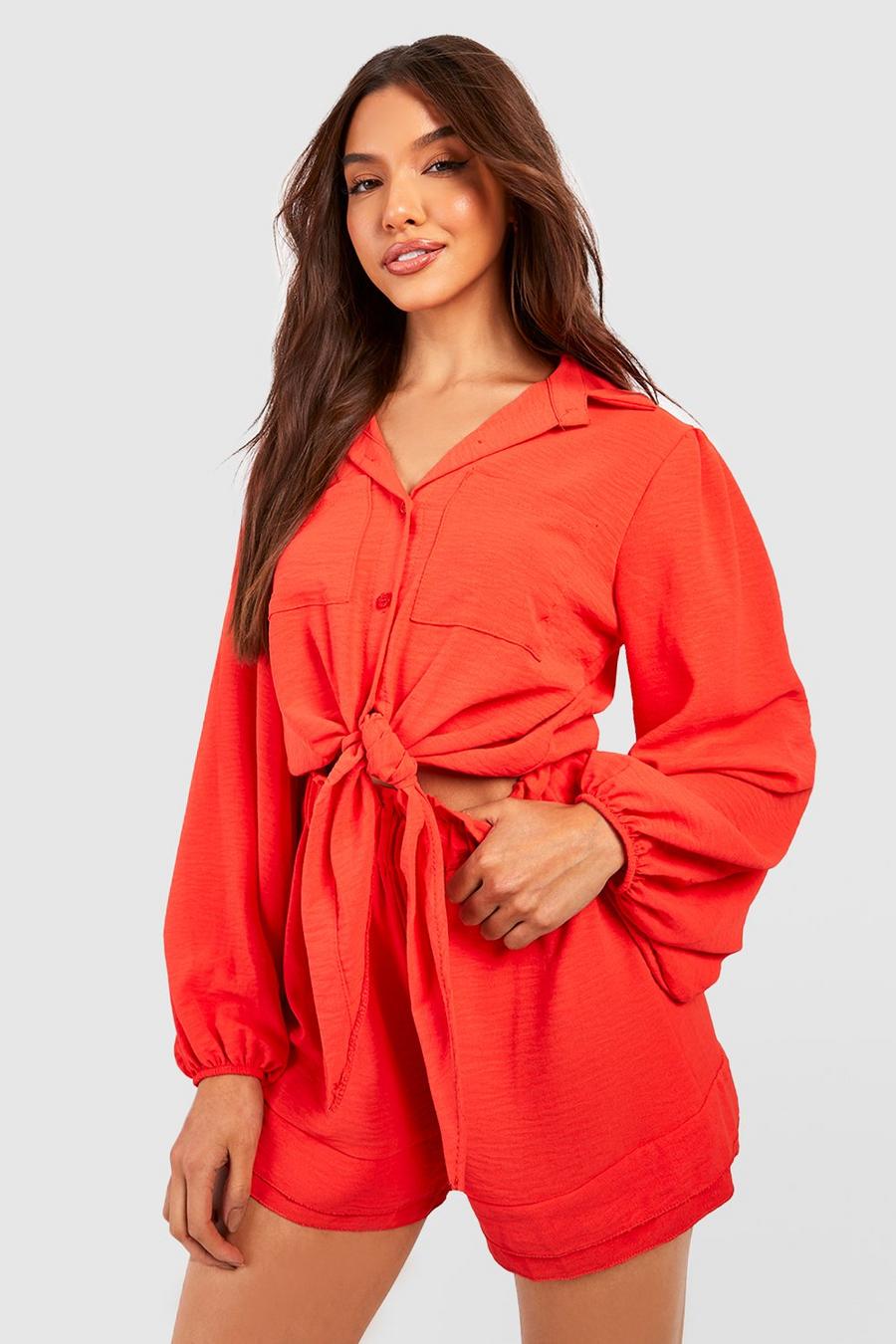 Red orange Hammered Puff Sleeve Oversized Shirt & Shorts Set