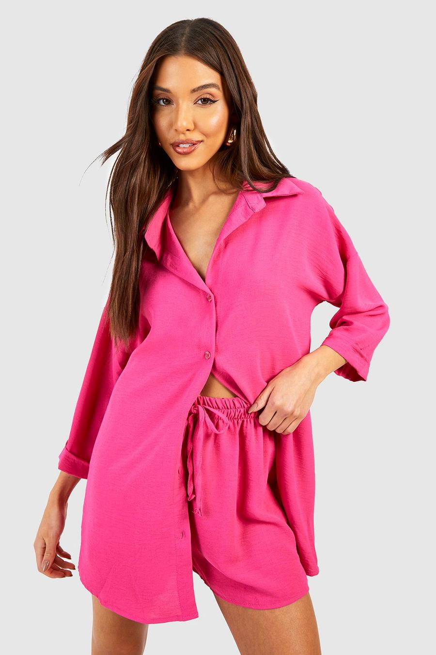 Hot pink Hammered Oversized Shirt & Shorts Set