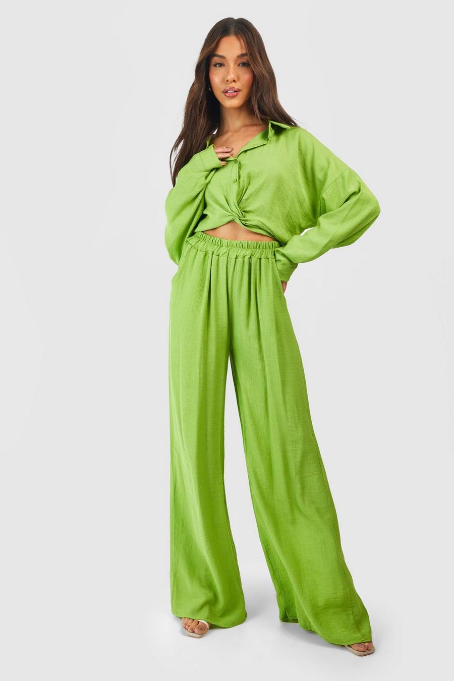Chartreuse Crinkle Relaxed Fit Wide Leg Pants image number 1